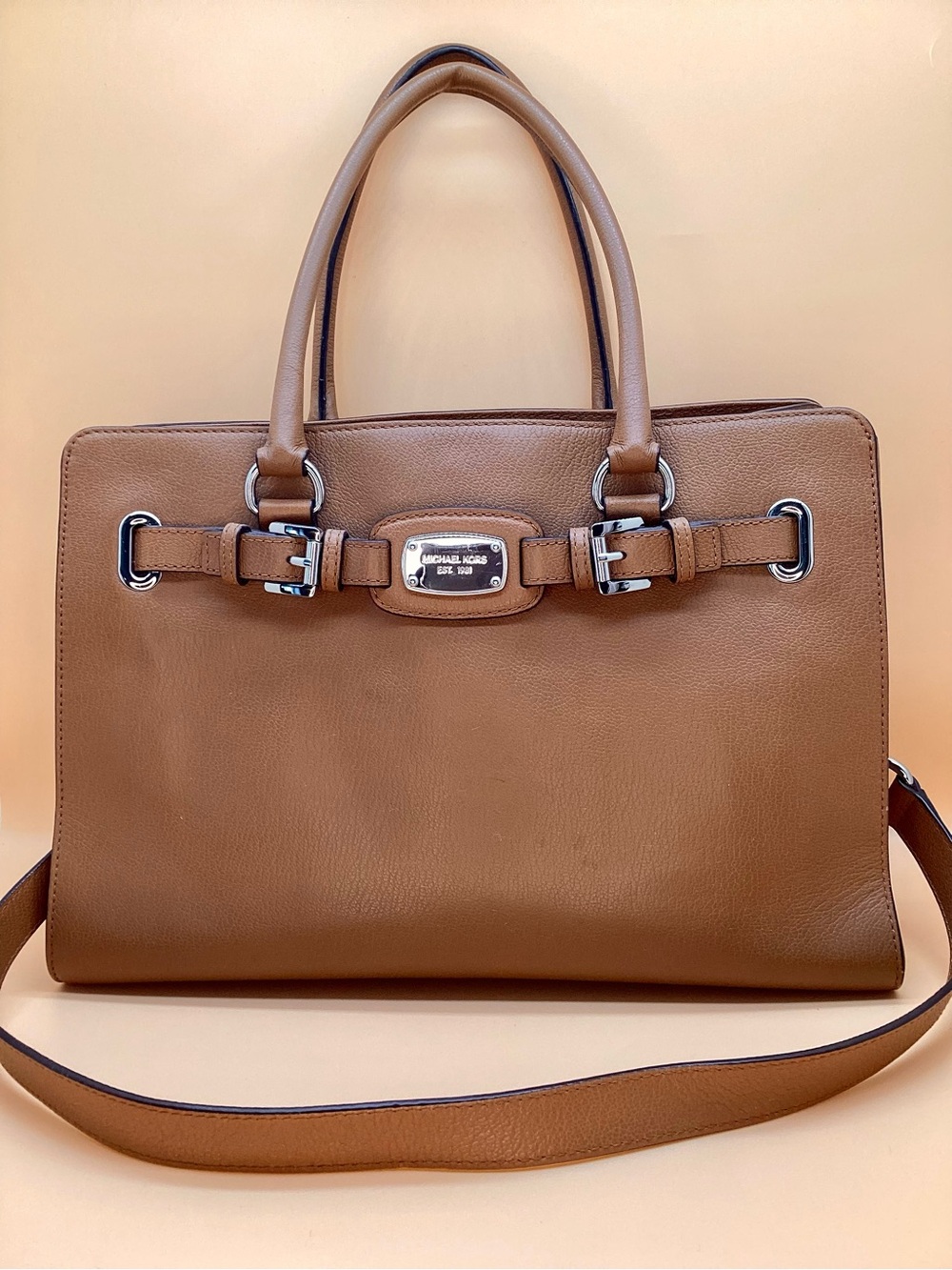 Beautiful Michael Kors Cognac Hamilton Leather Satchel Tote with Silver Hardware